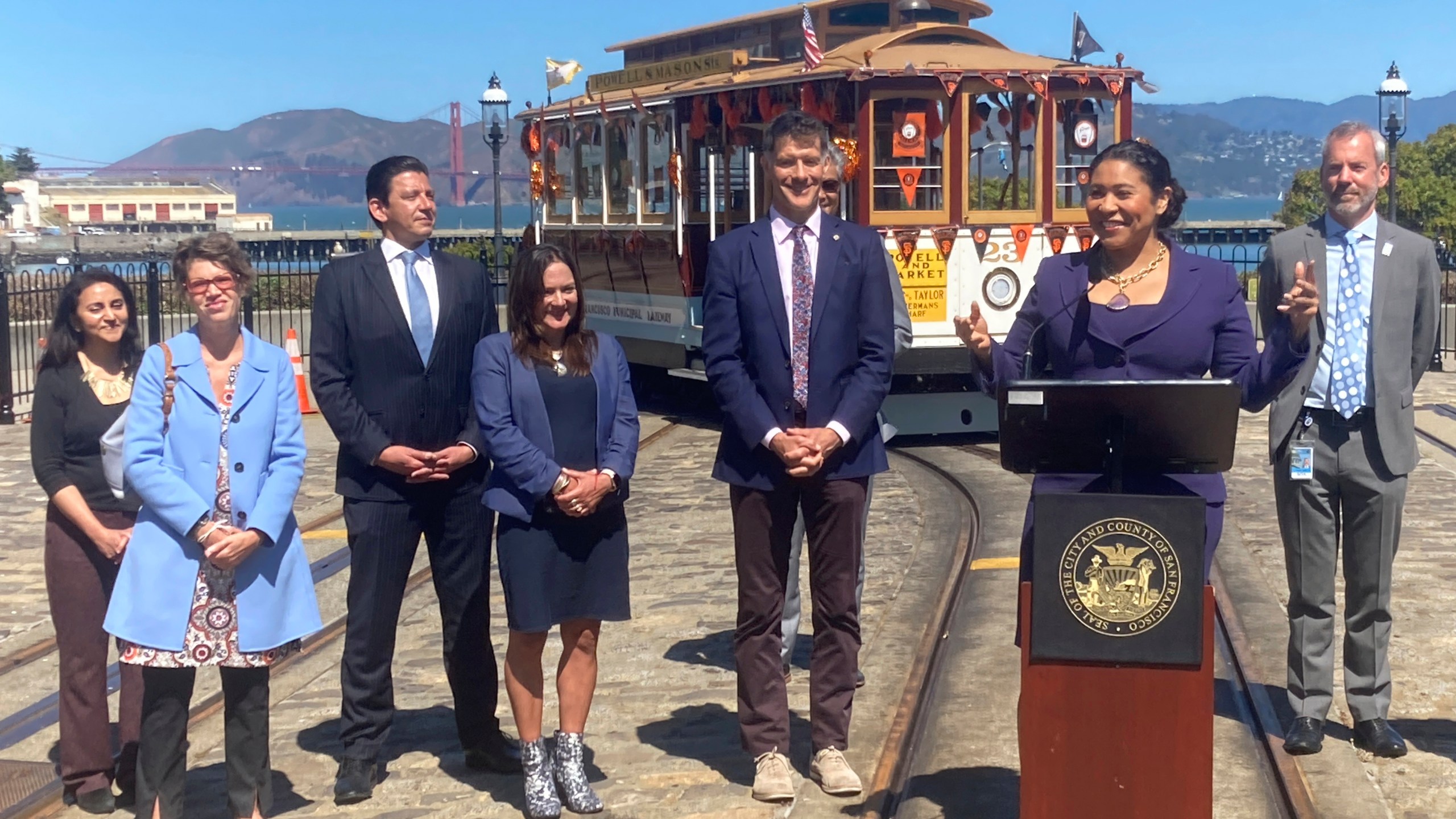 Mayor London Breed talks about the return of cable cars during a news conference at the Hyde Street cable car turnaround in San Francisco on June 15, 2021. (Olga Rodriguez/Associated Press)