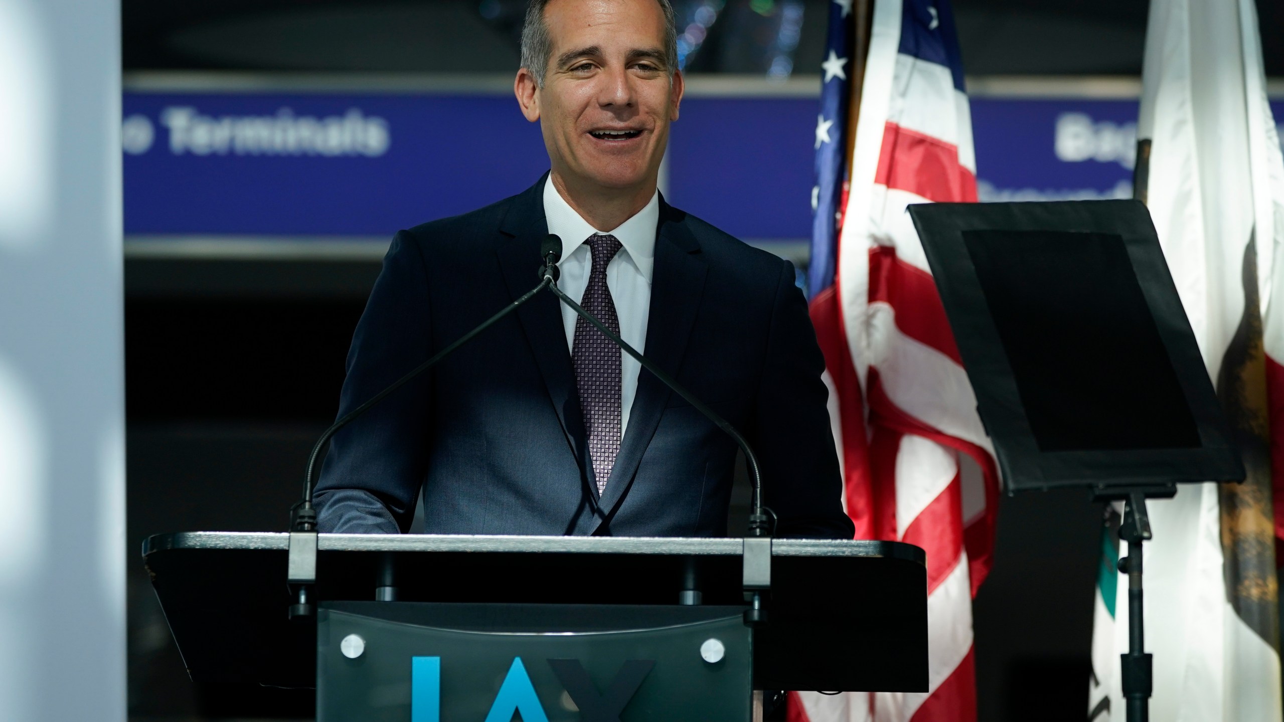 In this May 24, 2021 file photo Los Angeles Mayor Eric Garcetti speaks a press conference at Los Angeles International Airport, in Los Angeles.(AP Photo/Ashley Landis, File)