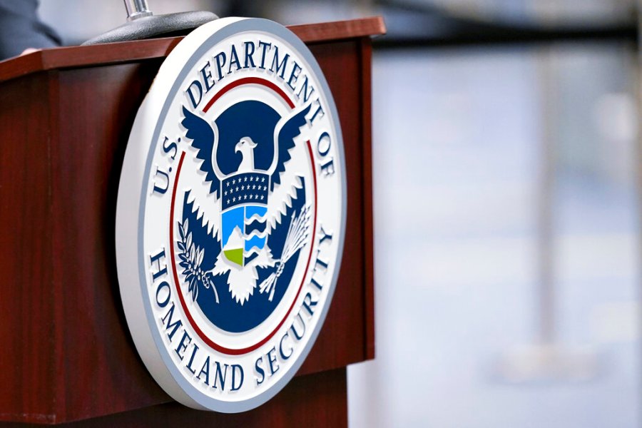 In this Nov. 20, 2020, file photo of a U.S. Department of Homeland Security plaque displayed on a podium in Miami. (AP Photo/Lynne Sladky, File)