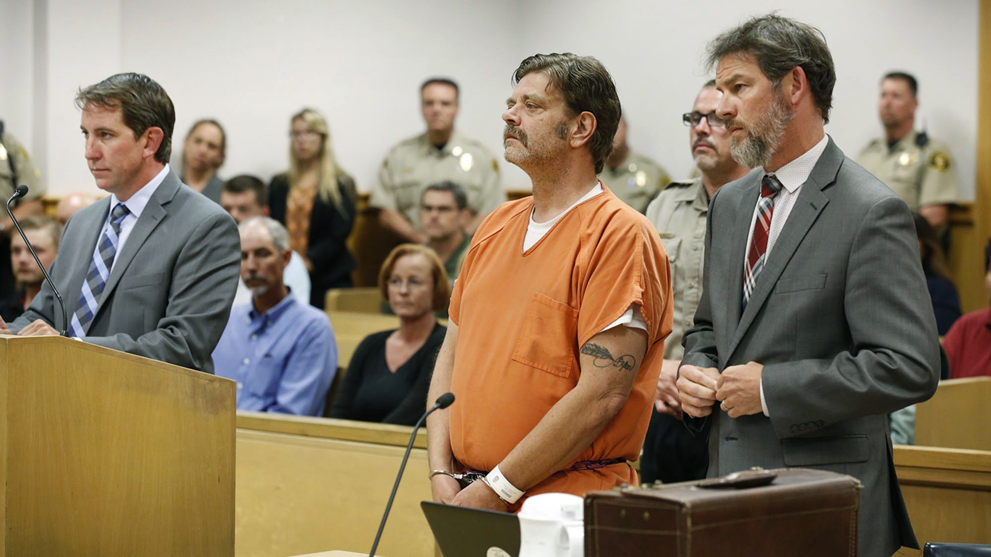 Mark Redwine makes his first appearance in district court in Durango, Colo., on Aug. 15, 2017. (Jerry McBride / The Durango Herald via Associated Press)