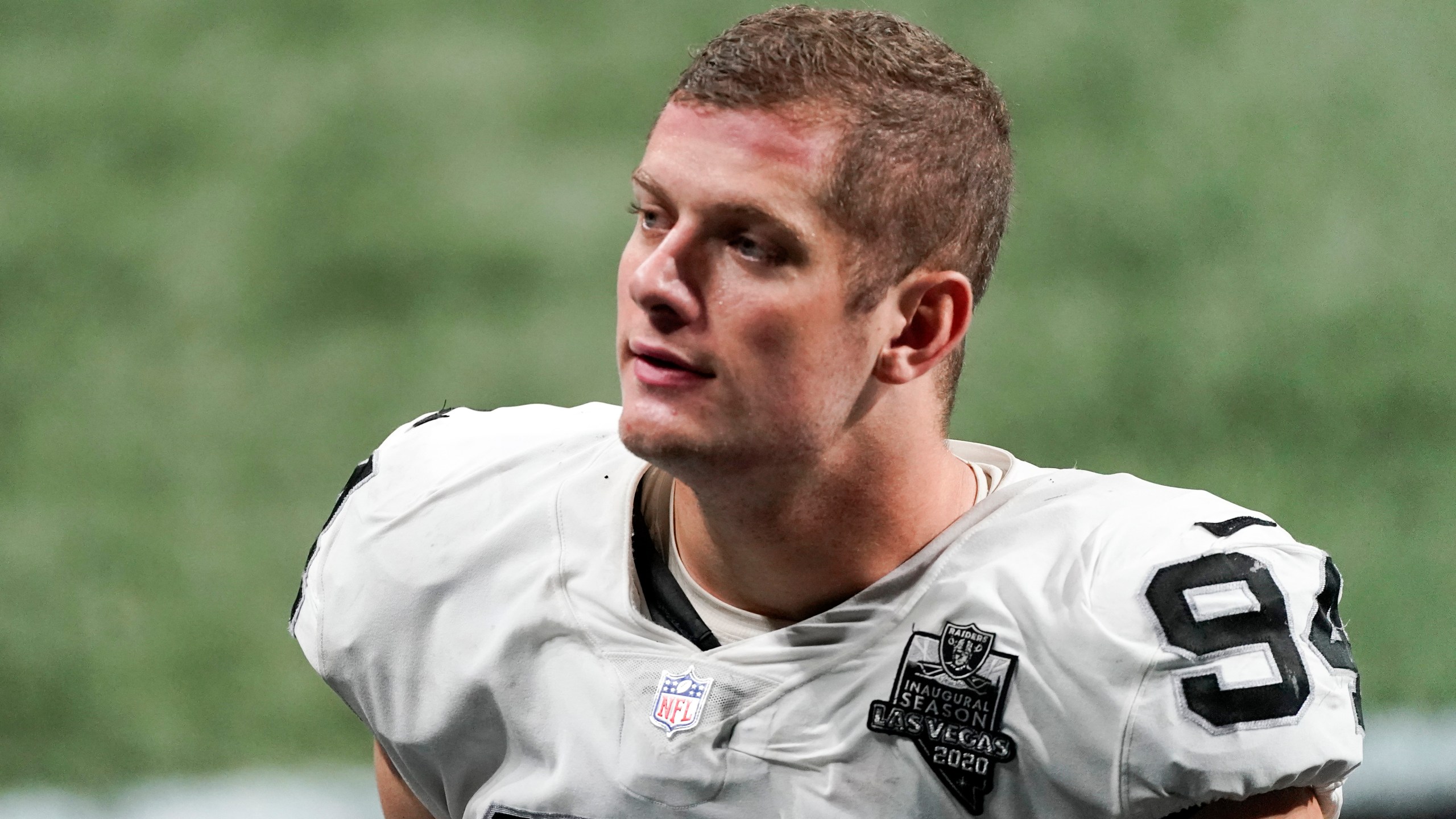 In this Nov. 29, 2020, file photo, Las Vegas Raiders defensive end Carl Nassib leaves the field after an NFL football game against the Atlanta Falcons in Atlanta. Nassib on Monday, June 21, 2021, became the first active NFL player to come out as gay. Nassib announced the news on Instagram, saying he was not doing it for the attention but because “I just think that representation and visibility are so important.” (AP Photo/John Bazemore, File)