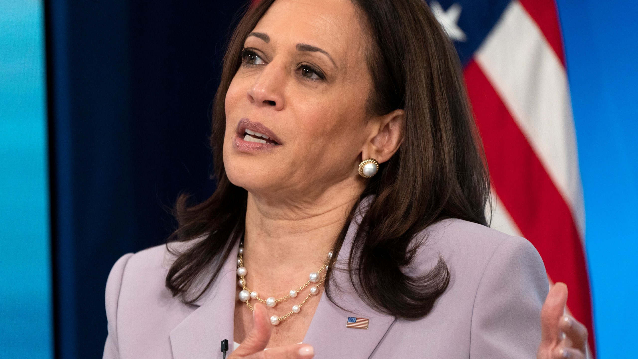 Vice President Kamala Harris speaks about voting rights on June 23, 2021, from the South Court Auditorium on the White House complex. (Jacquelyn Martin/Associated Press)