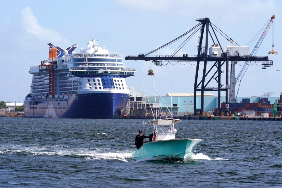 The Celebrity Edge cruise ship is docked at Port Everglades, Tuesday, June 22, 2021, in Fort Lauderdale, Fla. The Celebrity Edge is set to sail on Saturday from Fort Lauderdale. It will be the first cruise ship to leave a U.S. port with ticketed passengers since the onset of the pandemic, which halted sailing. (AP Photo/Lynne Sladky)