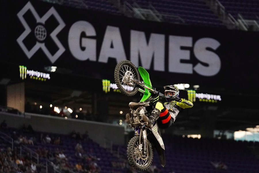 In this July 21, 2018, file photo, Jackson Strong competes in the Monster Energy Moto X Best Trick Final at the X Games in Minneapolis. After taking a year off due to the coronavirus pandemic, X Games is returning to its roots. BMX, Moto X and skateboarding will be contested at three Southern California training locations. (Anthony Souffle/Star Tribune via Associated Press)