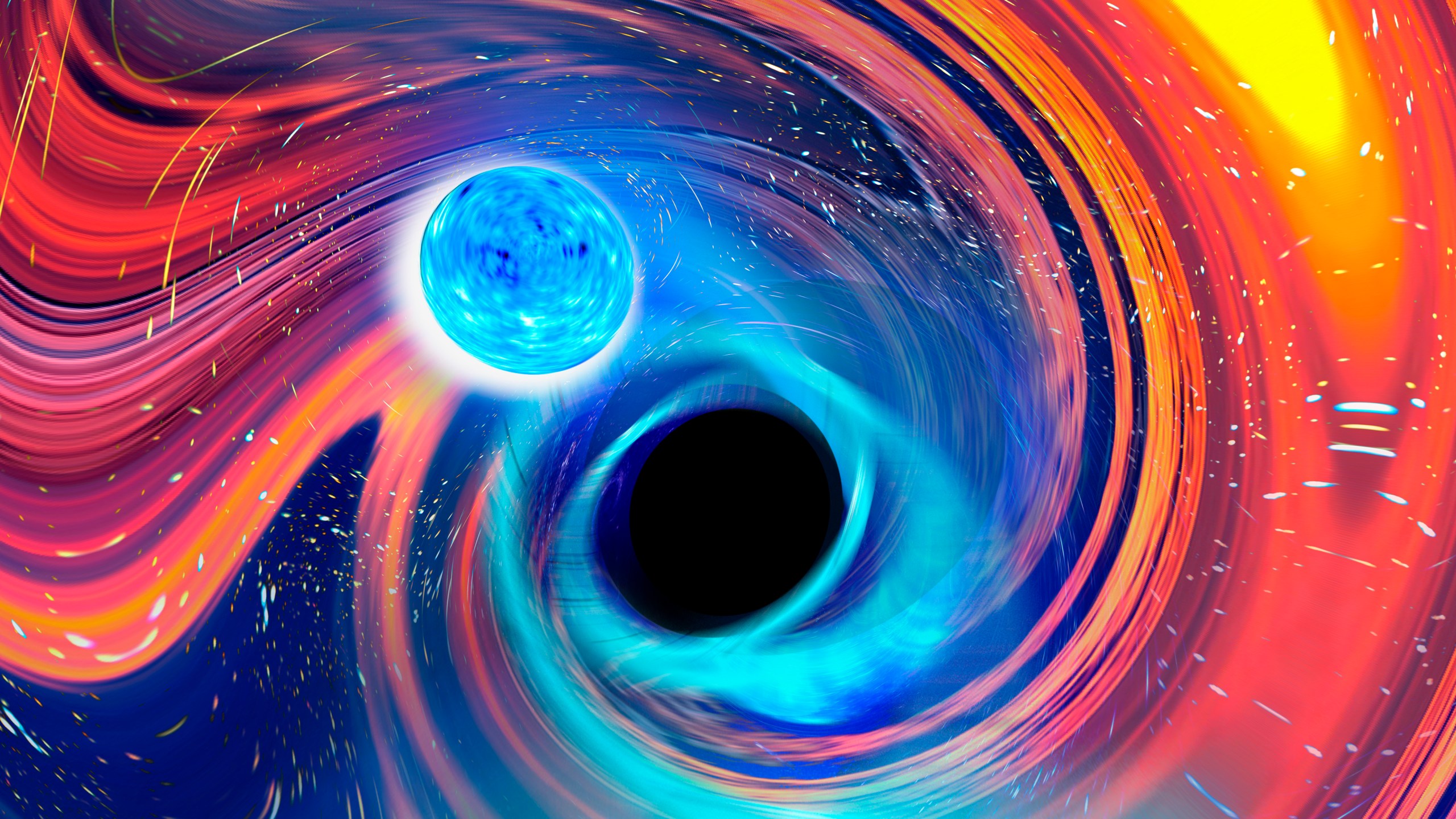 This illustration provided by Carl Knox depicts a black hole, center, swallowing a neutron star, upper left. The blue lines are gravitational waves, ripples in time and space, which is how astronomers detected the merger, and orange and red areas indicate parts of the neutron star being stripped away. In a report released on Tuesday, June 29, 2021, astronomers say they have witnessed a black hole swallowing a neutron star, the most dense object in the universe, _ all in a split-second gulp. (Carl Knox/OzGrav/Swinburne University Australia via AP)