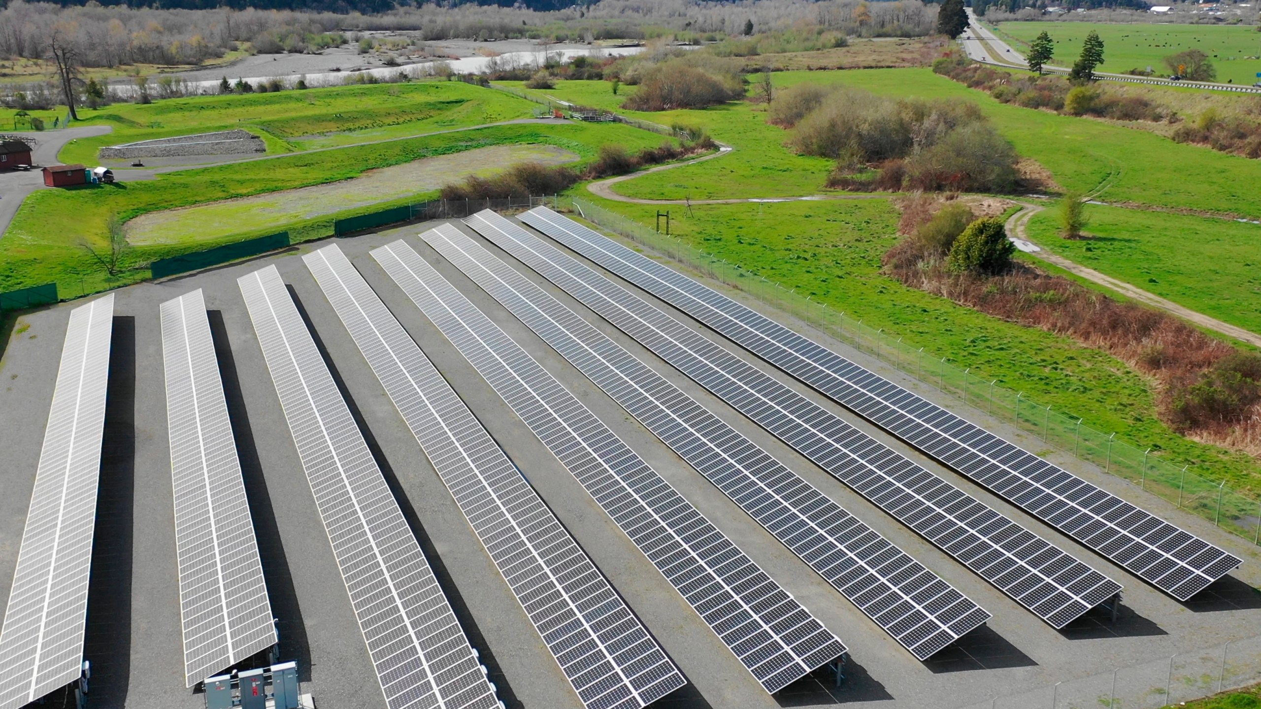 This aerial photo provided by the Blue Lake Rancheria shows a solar array that is paired with a microgrid in Blue Lake, Calif., in 2017. (Blue Lake Rancheria via AP)