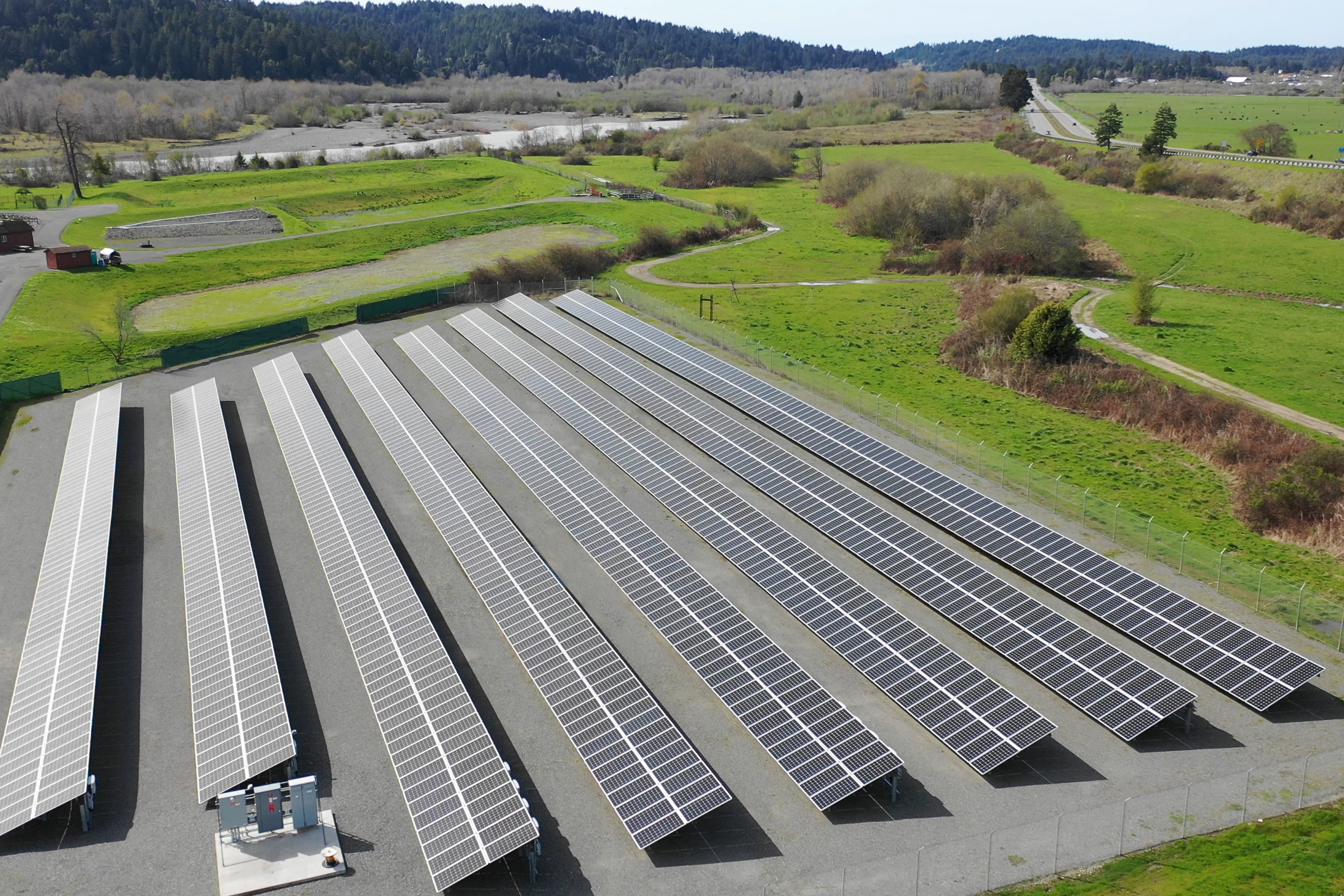 This aerial photo provided by the Blue Lake Rancheria shows a solar array that is paired with a microgrid in Blue Lake, Calif., in 2017. (Blue Lake Rancheria via AP)