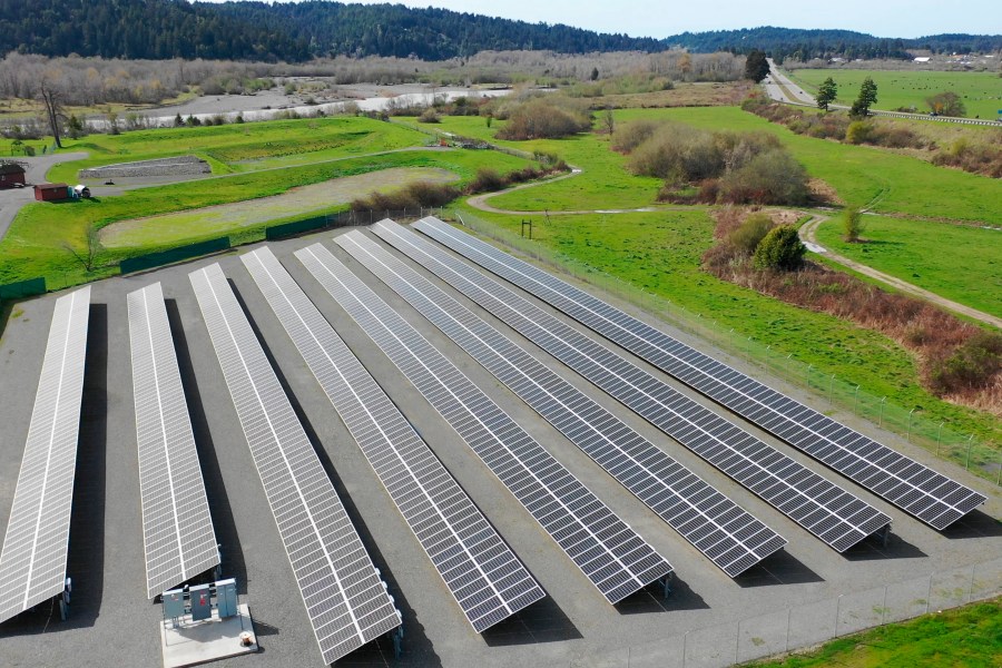 This aerial photo provided by the Blue Lake Rancheria shows a solar array that is paired with a microgrid in Blue Lake, Calif., in 2017. (Blue Lake Rancheria via AP)