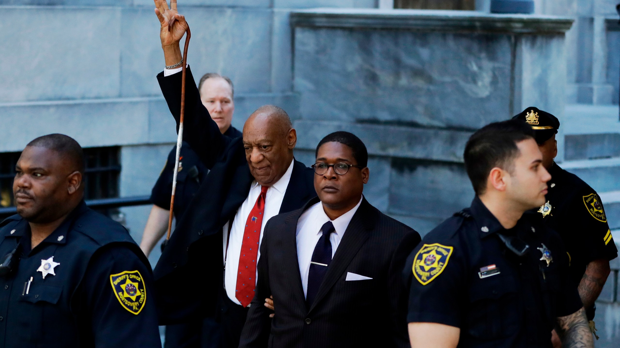 Bill Cosby gestures as he leaves the Montgomery County Courthouse on April 26, 2018, in Norristown, Pa., after he was convicted of drugging and molesting a woman in the first big celebrity trial of the #MeToo era. Pennsylvania’s highest court has overturned comedian Cosby’s sex assault conviction. The court said Wednesday, June 30, 2021, that they found an agreement with a previous prosecutor prevented him from being charged in the case. (AP Photo/Matt Slocum, File)