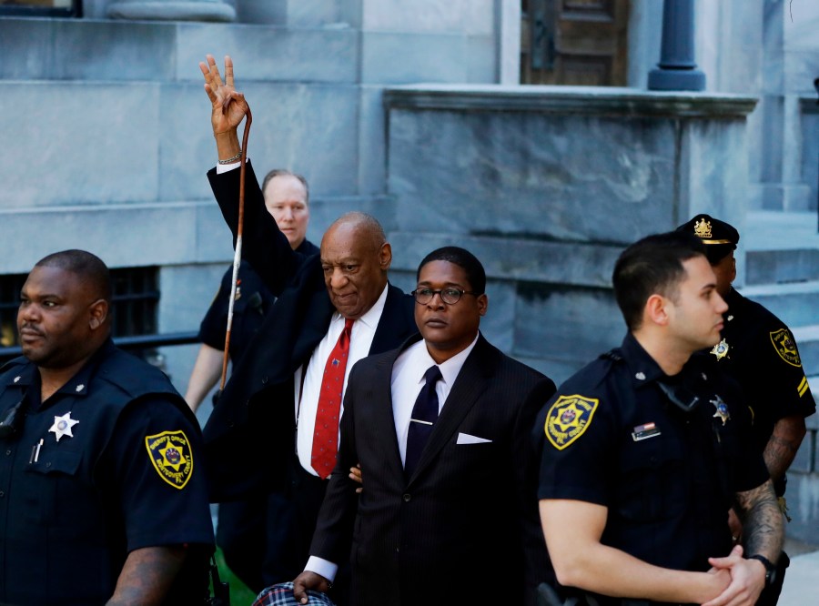 Bill Cosby gestures as he leaves the Montgomery County Courthouse on April 26, 2018, in Norristown, Pa., after he was convicted of drugging and molesting a woman in the first big celebrity trial of the #MeToo era. Pennsylvania’s highest court has overturned comedian Cosby’s sex assault conviction. The court said Wednesday, June 30, 2021, that they found an agreement with a previous prosecutor prevented him from being charged in the case. (AP Photo/Matt Slocum, File)