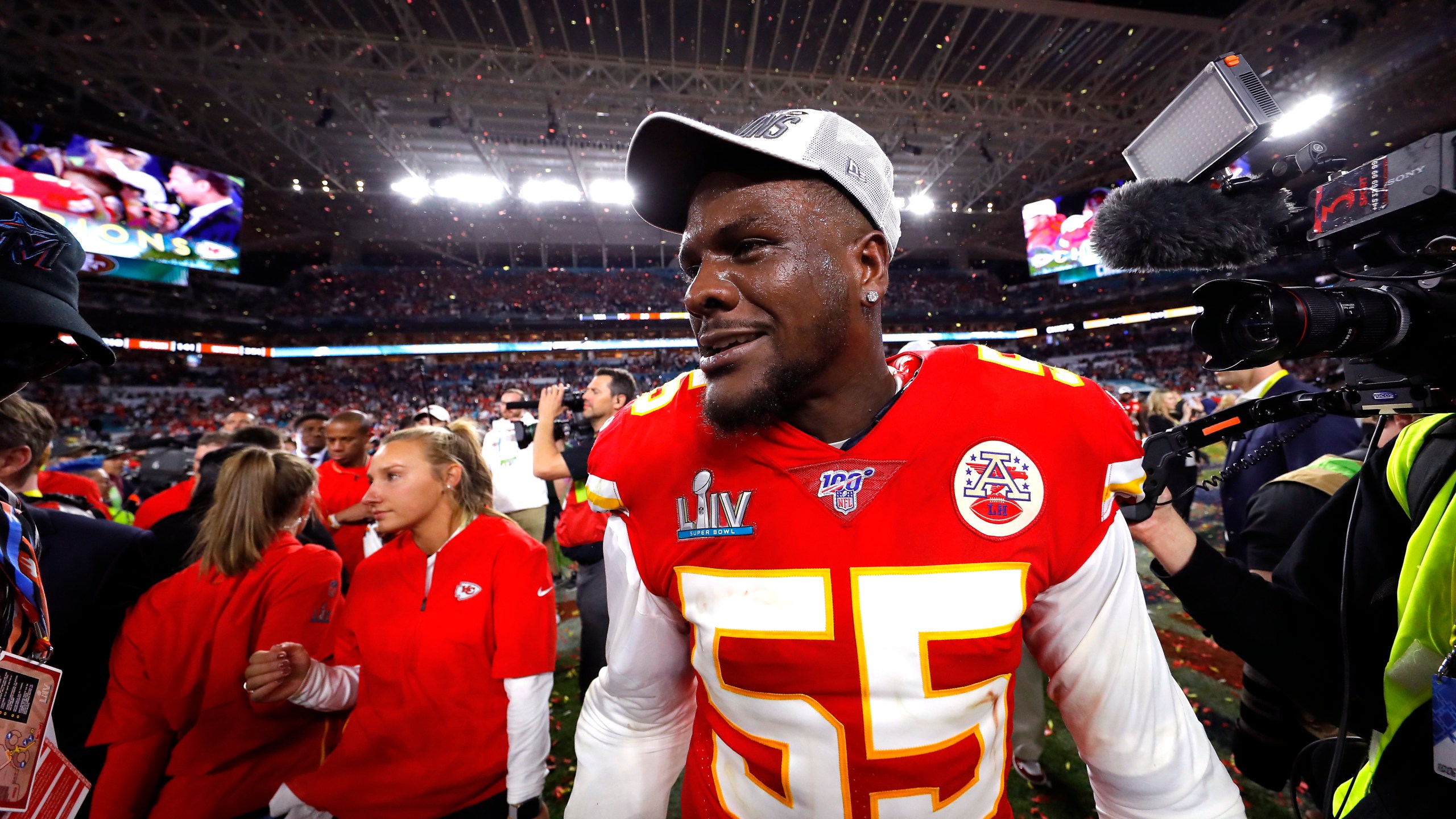 Frank Clark #55 of the Kansas City Chiefs reacts after defeating San Francisco 49ers by in Super Bowl LIV at Hard Rock Stadium on Feb. 2, 2020 in Miami, Florida. (Kevin C. Cox/Getty Images)