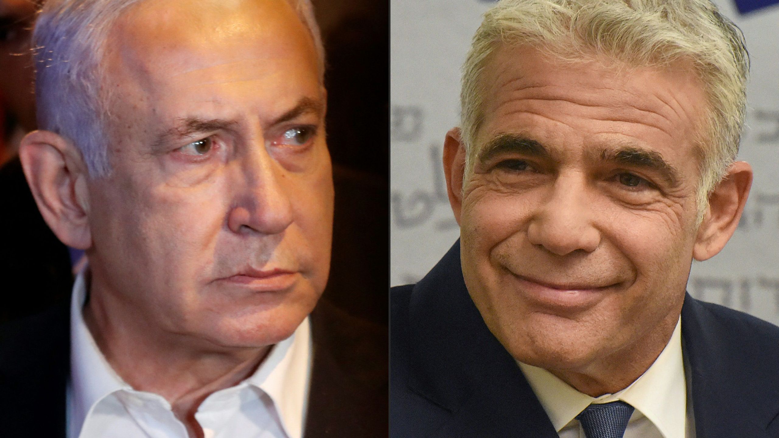 This combination of pictures created on June 2, 2021 shows Israeli Prime Minister Benjamin Netanyahu in the city of Lod early on May 12, 2021 and Israel's centrist opposition leader Yair Lapid at the Knesset in Jerusalem on May 31, 2021. (AHMAD GHARABLI,DEBBIE HILL/POOL/AFP via Getty Images)