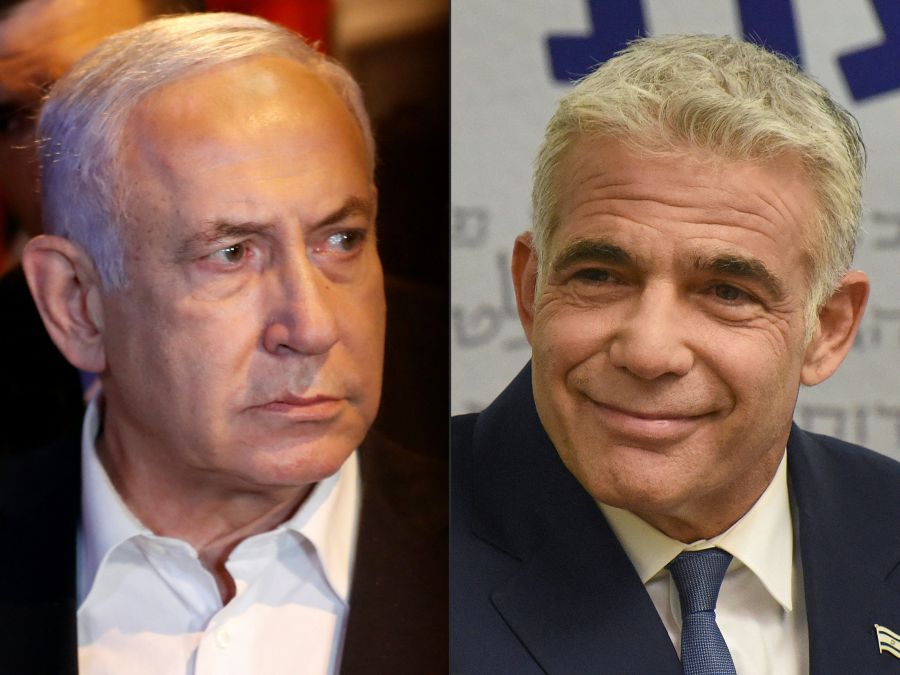 This combination of pictures created on June 2, 2021 shows Israeli Prime Minister Benjamin Netanyahu in the city of Lod early on May 12, 2021 and Israel's centrist opposition leader Yair Lapid at the Knesset in Jerusalem on May 31, 2021. (AHMAD GHARABLI,DEBBIE HILL/POOL/AFP via Getty Images)