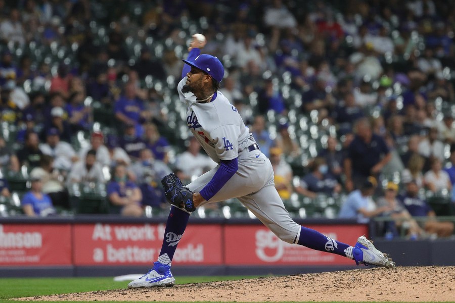 Dennis Santana of the Los Angeles Dodgers throws a pitch during the sixth inning against the Milwaukee Brewers at American Family Field on May 1, 2021 in Milwaukee. (Stacy Revere/Getty Images)