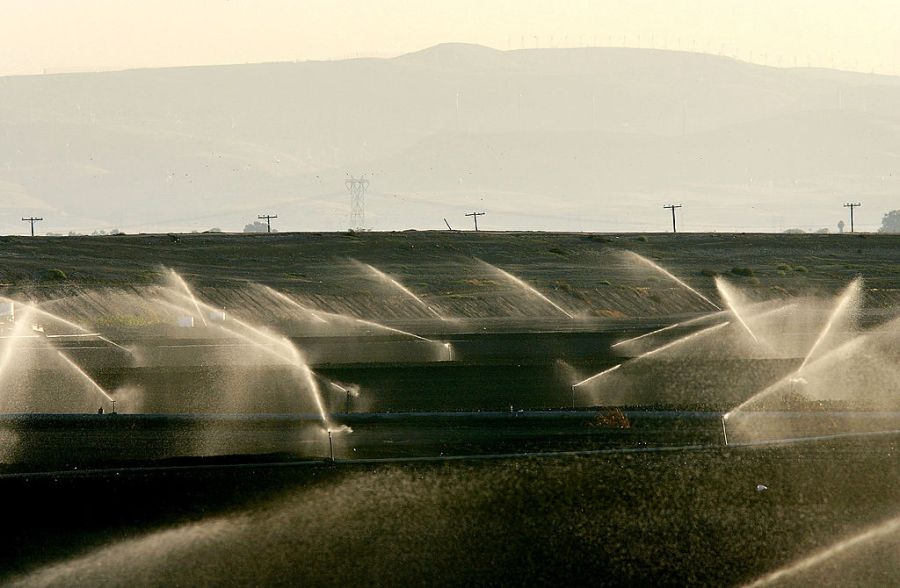 Sprinklers water a field on September 28, 2005 west of Stockton, California. (Photo by David McNew/Getty Images)