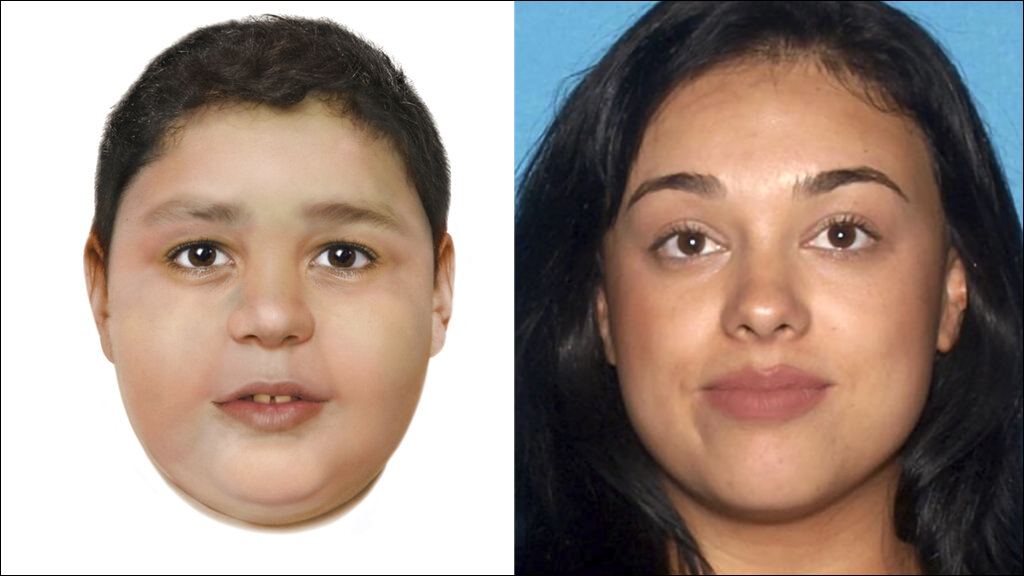 An artist's rendering by the National Center for Missing and Exploited Children shows the slain boy identified by authorities as 7-year-old Liam Husted (left). The boy's mother, Samantha Moreno Rodriguez, is seen in an undated booking photo from the Las Vegas Metropolitan Police Department. (Photos via AP)