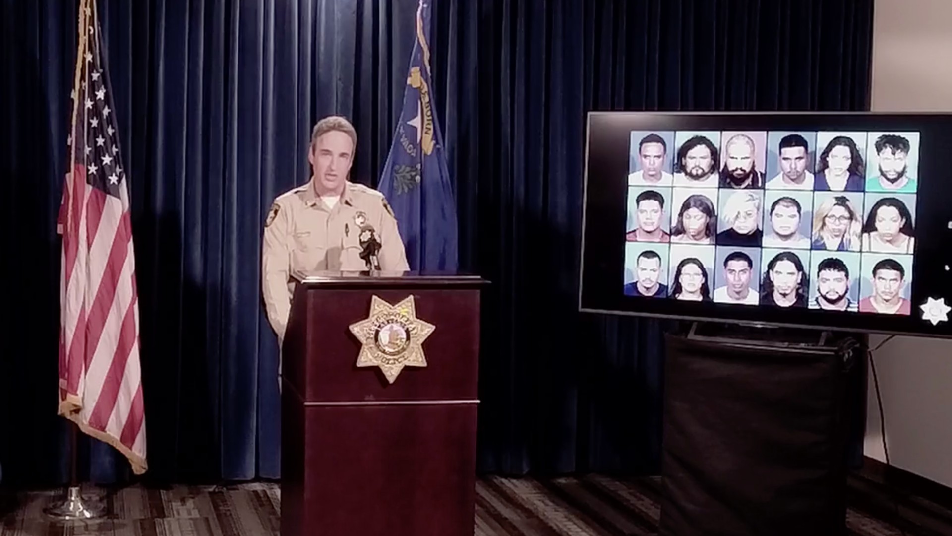 Capt. Shane Womack announces the arrests of 28 suspects in connection with a Las Vegas-area car theft ring on June 21, 2021. (Las Vegas Metropolitan Police Department)