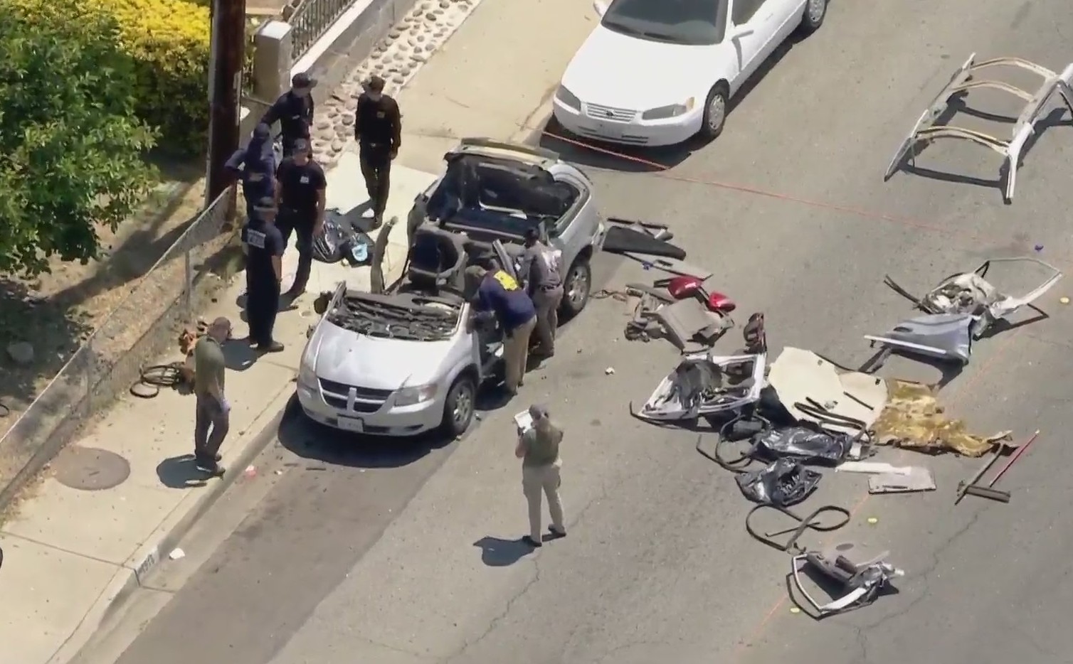 A vehicle was heavily damaged by an explosion in Montclair on June 14, 2021. (KTLA)