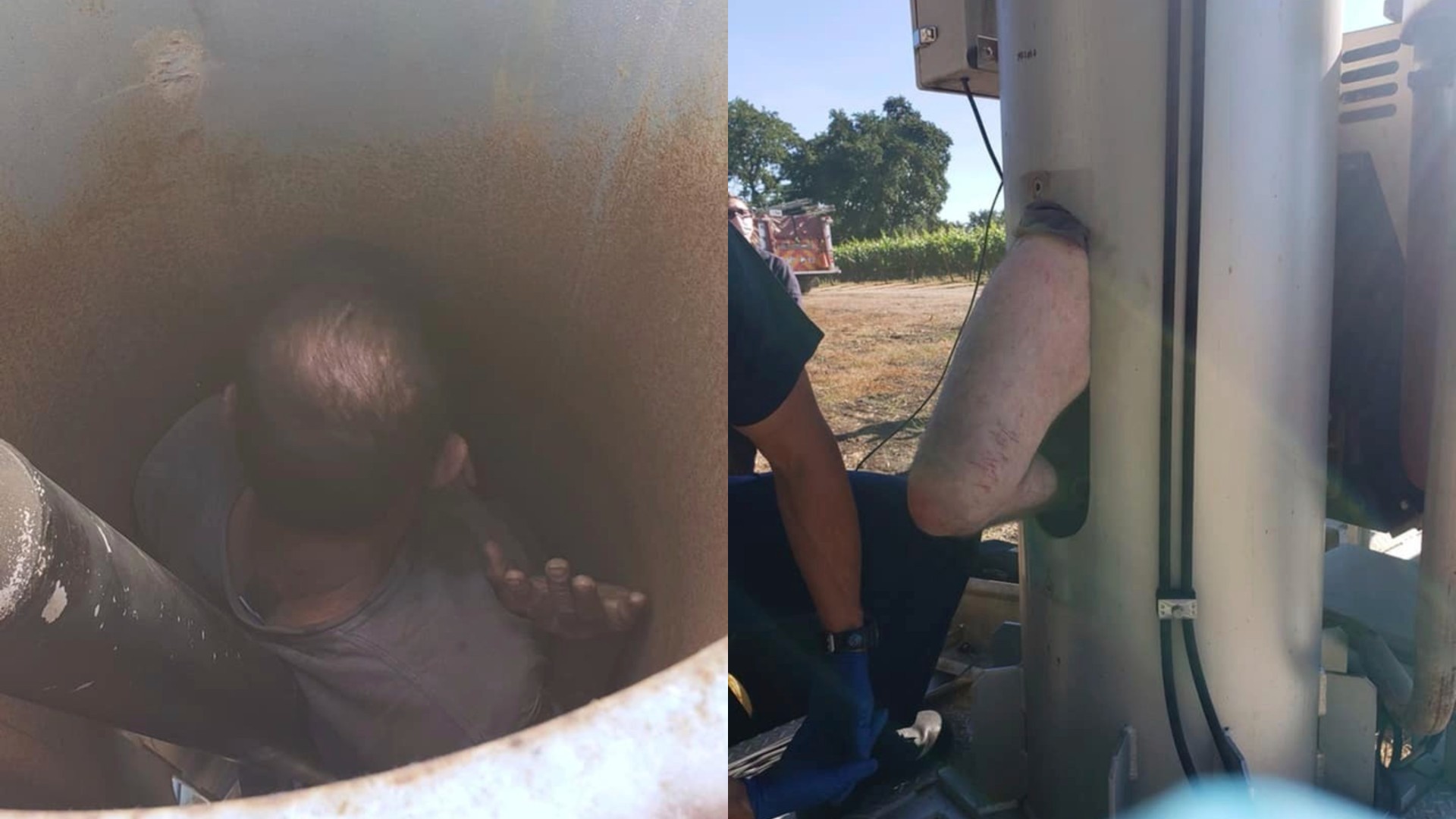 Photos provided by the Sonoma County Sheriff's Office shows a man who was found Tuesday, June 8, 2021 at a vineyard in Santa Rosa by a sheriff's deputy responding to a call about a suspicious vehicle parked in the area. Officials in Northern California rescued the man who said he had been trapped inside a large fan at a vineyard for two days. (Sonoma County Sheriff's Office via AP)