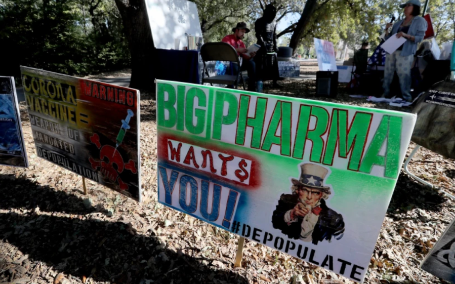 In October 2020, protesters hold an open-mic event for people against coronavirus restrictions and vaccines in Redding.(Luis Sinco / Los Angeles Times)