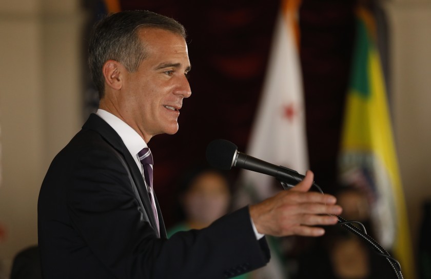 Mayor Eric Garcetti addresses reporters at Los Angeles City Hall on June 2, 2021. (Al Seib/Los Angeles Times)