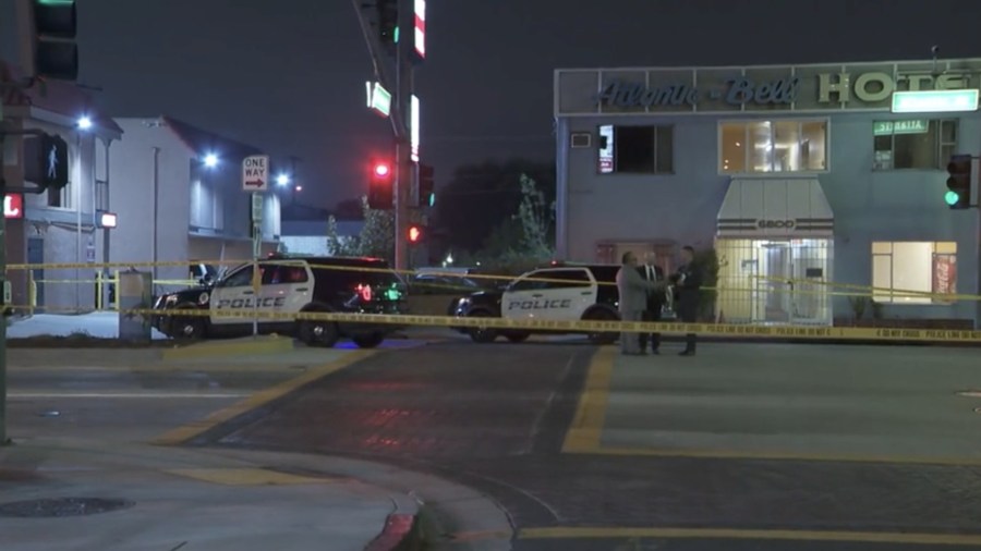 Authorities respond to a shooting involving Bell police officers on June 20, 2021. (KTLA)