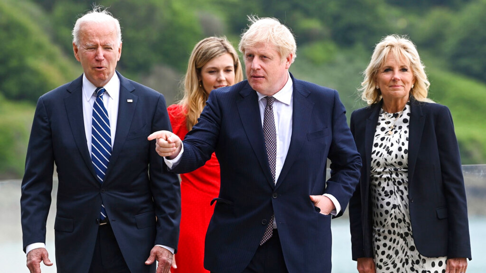 From left: US President Joe Biden, Carrie Johnson, Britain's Prime Minister Boris Johnson and First Lady Jill Biden walk outside Carbis Bay Hotel in Cornwall, Britain, Thursday June 10, 2021. (Toby Melville/Pool Photo via AP)