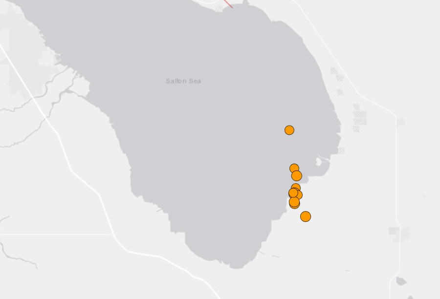 A series of earthquakes that struck along the Salton Sea on June 7, 2021, part of a larger swarm, is seen in a map provided by the U.S. Geological Survey.