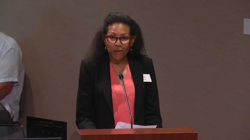 Rhonda Bolton speaks before the City Council during her interview for the vacant seat on July 9, 2021. (Screen capture via L.A. Times)