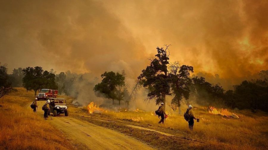 Firefighters battle the River Fire in Mariposa County in this photo released July 12, 2021, by the Santa Barbara County Fire Department.