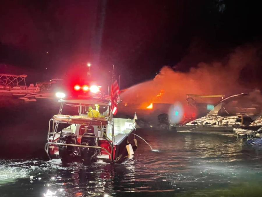 Multiple boats burn on Lake Arrowhead on July 16, 2021. (San Bernardino County Fire)