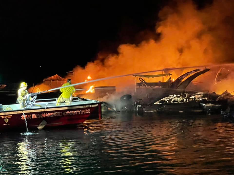 Multiple boats burn on Lake Arrowhead on July 16, 2021. (San Bernardino County Fire)