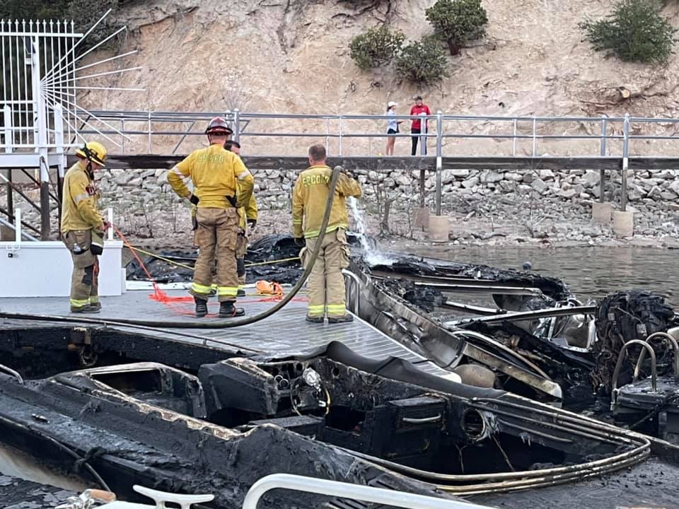 The aftermath of a fire that burned multiple boats and damaged a dock on Lake Arrowhead on July 16, 2021. (San Bernardino County Fire)