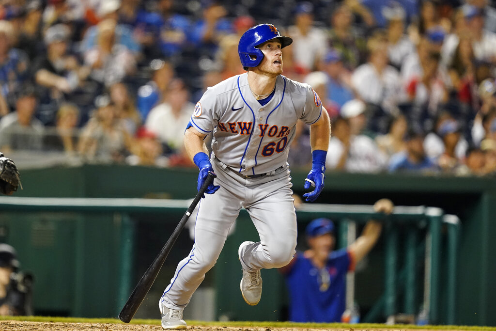 PreviousNext New York Mets' Billy McKinney watches his solo home run during the eighth inning of a baseball game against the Washington Nationals at Nationals Park, Monday, June 28, 2021, in Washington. (AP Photo/Alex Brandon)