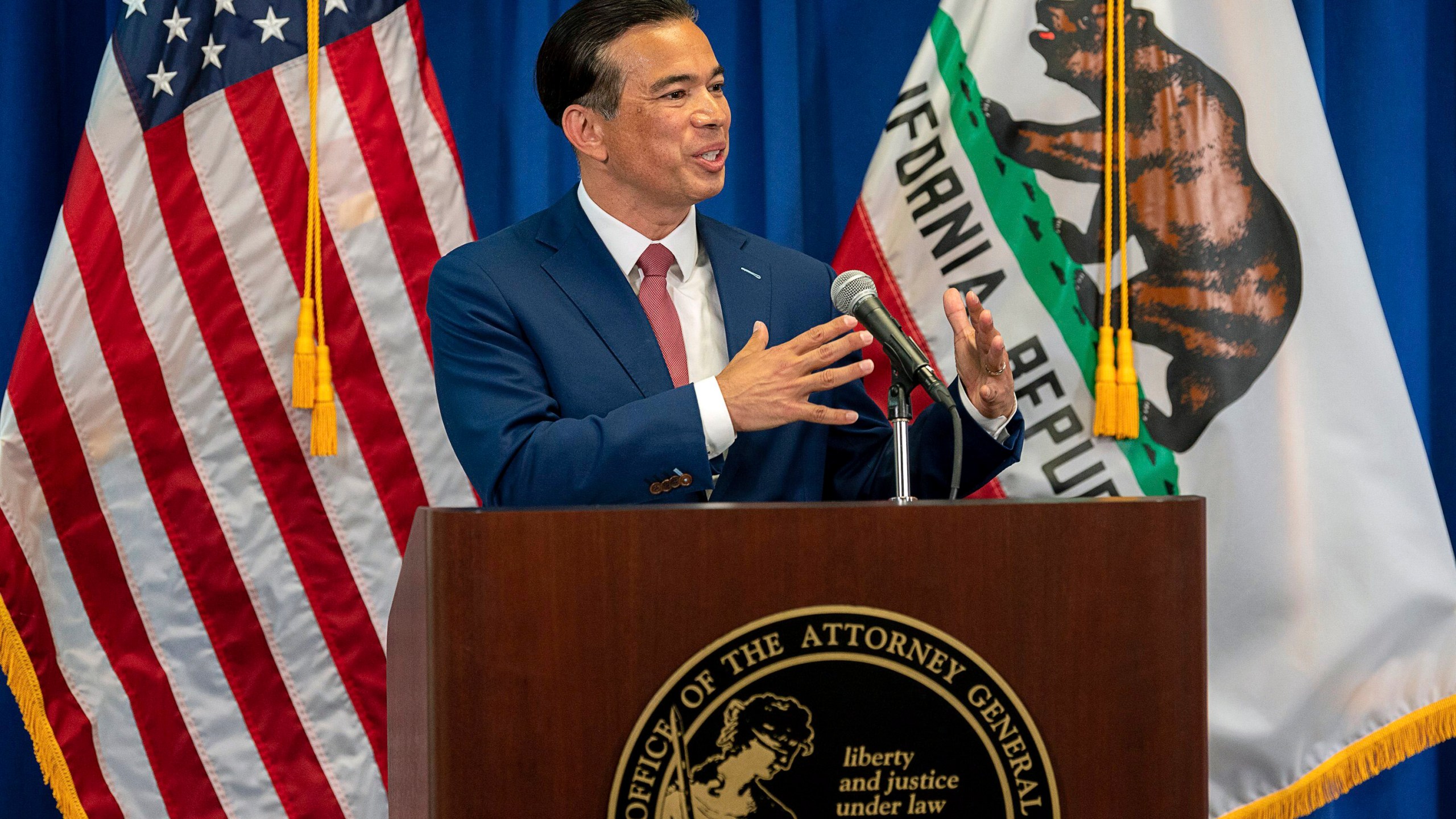 In this April 23, 2021, file photo, California Attorney General Rob Bonta speaks in Sacramento, Calif. (Paul Kitagaki Jr./The Sacramento Bee via AP, Pool, File)