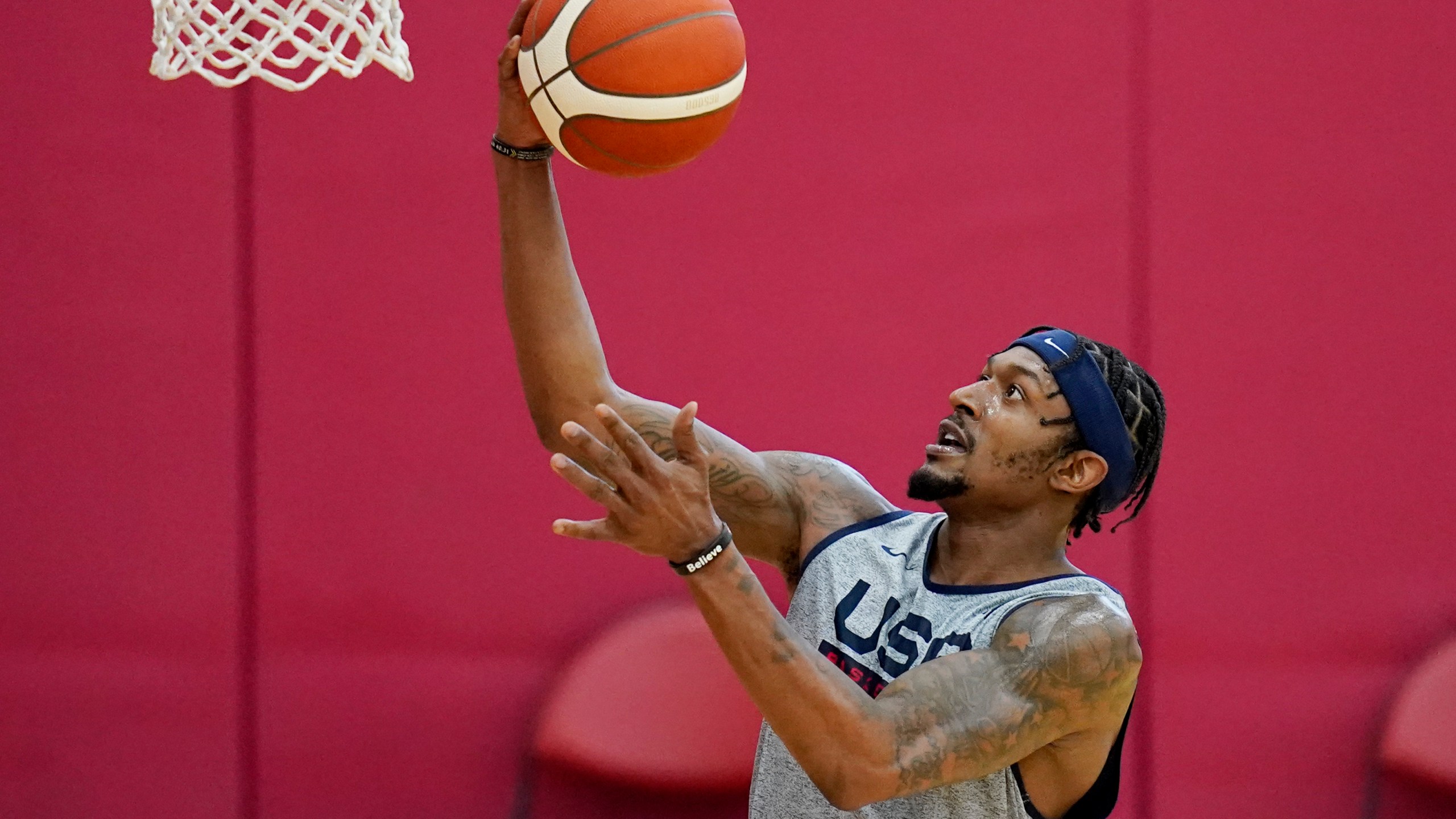 Bradley Beal shoots during practice for USA Basketball on July 6, 2021, in Las Vegas. (AP Photo/John Locher)