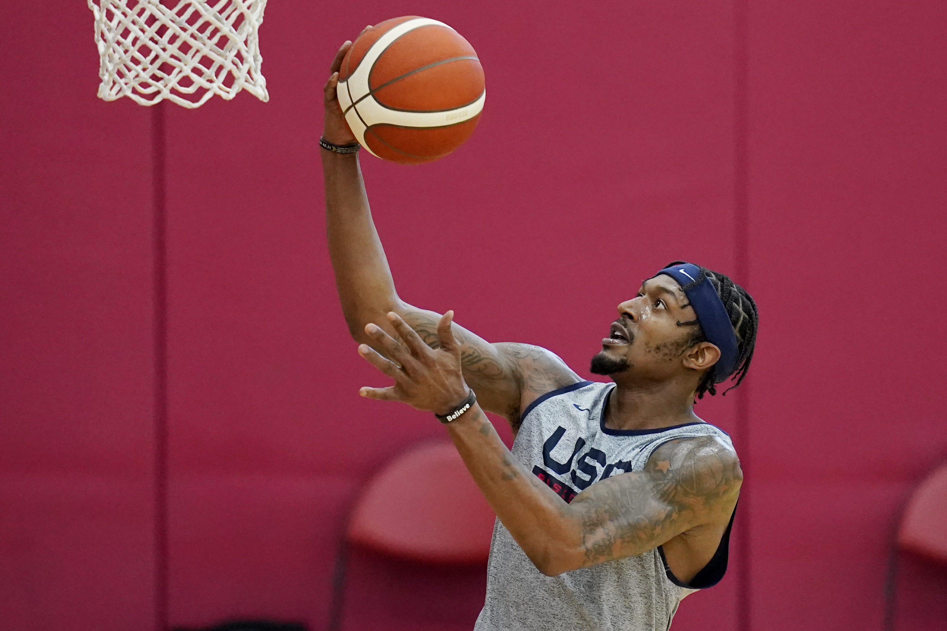 Bradley Beal shoots during practice for USA Basketball on July 6, 2021, in Las Vegas. (AP Photo/John Locher)