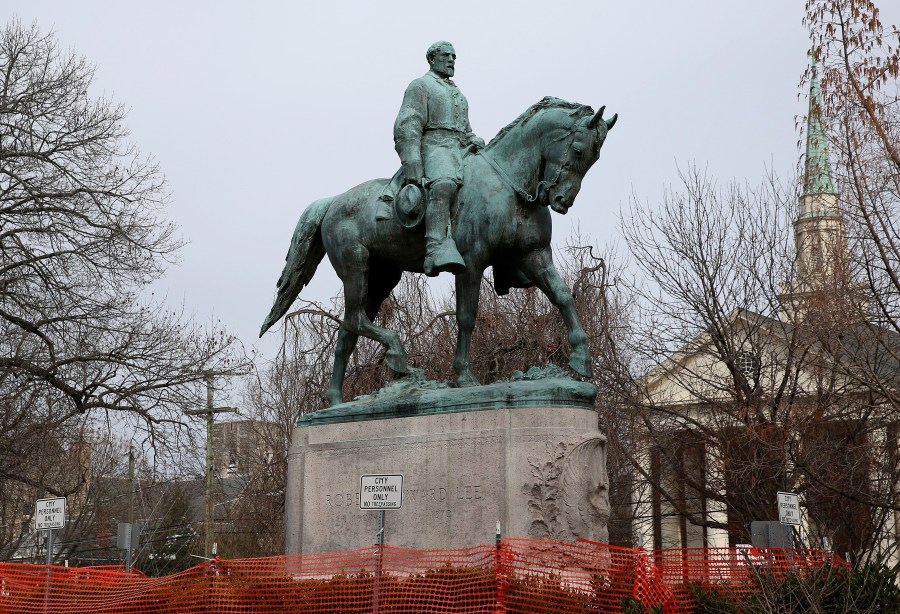 The statue of Robert E. Lee is seen uncovered in Emancipation Park in Charlottesville, Va., on Feb. 28, 2018. (Zack Wajsgras/The Daily Progress via Associated Press)