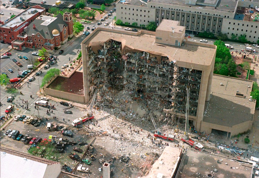 This April 19, 1995, file photo shows the north side of the Alfred Murrah Federal Building after a car bomb blast in Oklahoma City. Rescuers who responded to past disasters say the search for victims of the Florida condo collapse that occurred on June 24, 2021, brought back memories of the Oklahoma City bombing and the Sept. 11 attacks. (AP Photo, File)