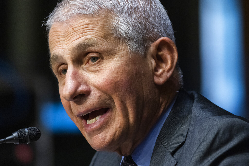 In this May 11, 2021 file photo, Dr. Anthony Fauci, director of the National Institute of Allergy and Infectious Diseases, speaks during a Senate Health, Education, Labor, and Pensions hearing to examine an update from Federal officials on efforts to combat COVID-19, on Capitol Hill in Washington. (Jim Lo Scalzo/Pool via AP, File)