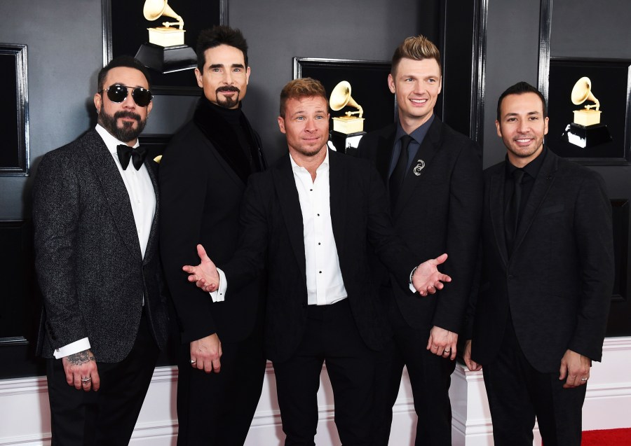 AJ McLean, from left, Kevin Richardson, Brian Littrell, Nick Carter, and Howie Dorough of The Backstreet Boys appear at the 61st annual Grammy Awards in Los Angeles on Feb. 10, 2019. The pioneering boy band is returning to the Las Vegas Strip with “A Very Backstreet Christmas Party,” a series of 12 holiday shows at the Planet Hollywood resort this November and December. (Photo by Jordan Strauss/Invision/AP, File)