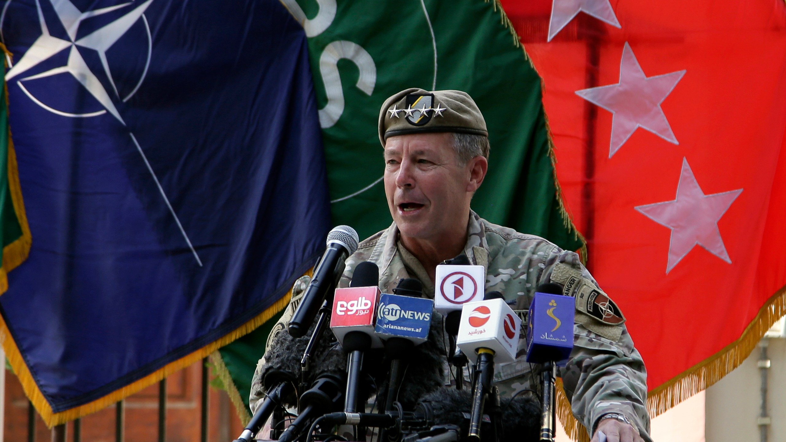 U.S. Army Gen. Scott Miller, the top U.S. commander in Afghanistan, speaks at a ceremony where he relinquished his command, at Resolute Support headquarters, in Kabul, Afghanistan, Monday, July 12, 2021. The United States is a step closer to ending a 20-year military presence that became known as its "forever war," as Taliban insurgents continue to gain territory across the country. (AP Photo/Ahmad Seir)