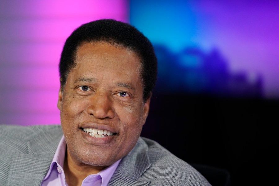 Radio talk show host Larry Elder poses for a photo in his studio, Monday, July 12, 2021, in Burbank, Calif. Elder has announced he is running for governor of California. (AP Photo/Marcio Jose Sanchez)