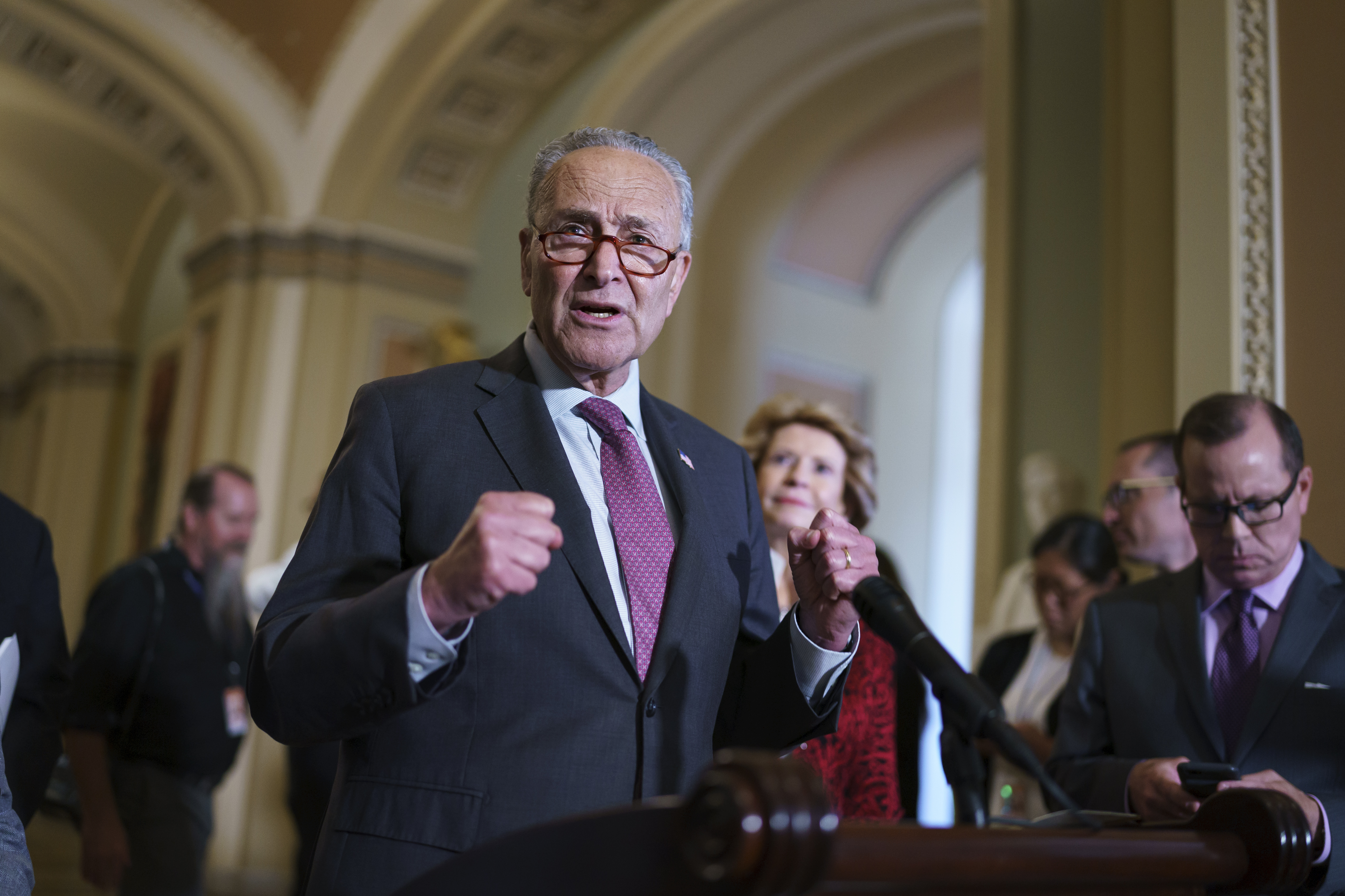 Senate Majority Leader Chuck Schumer, D-N.Y., speaks to reporters before meeting with Democratic members of the Texas Legislature who are trying to kill a Republican bill in Austin that would make it harder to vote in the Lone Star State, at the Capitol in Washington on July 13, 2021. (AP Photo/J. Scott Applewhite)