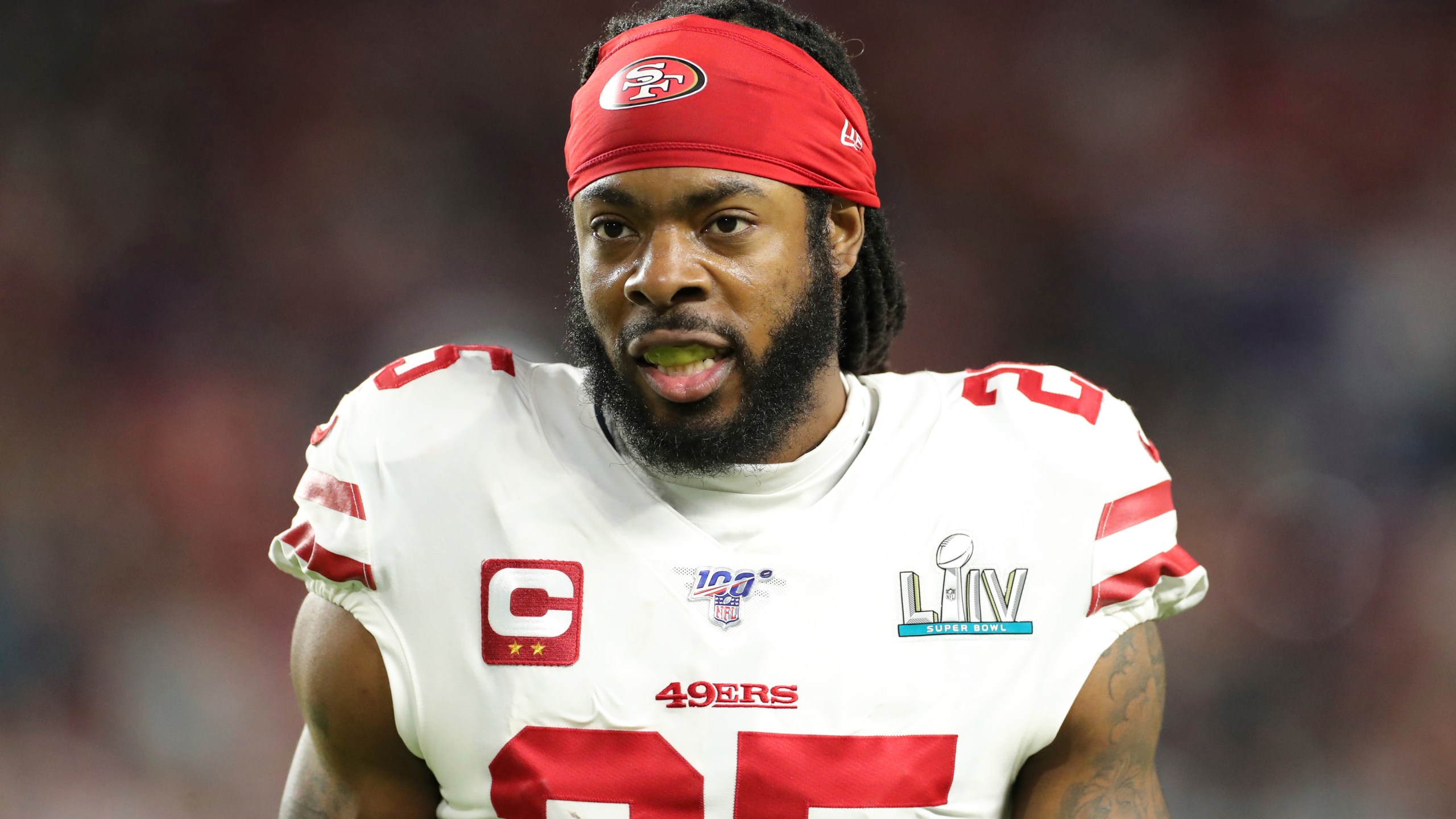 San Francisco 49ers cornerback Richard Sherman is seen during the NFL football Super Bowl 54 game against the Kansas City Chiefs in Miami Gardens, Fla., in this Feb. 2, 2020, photo. (AP Photo/Gregory Payan)