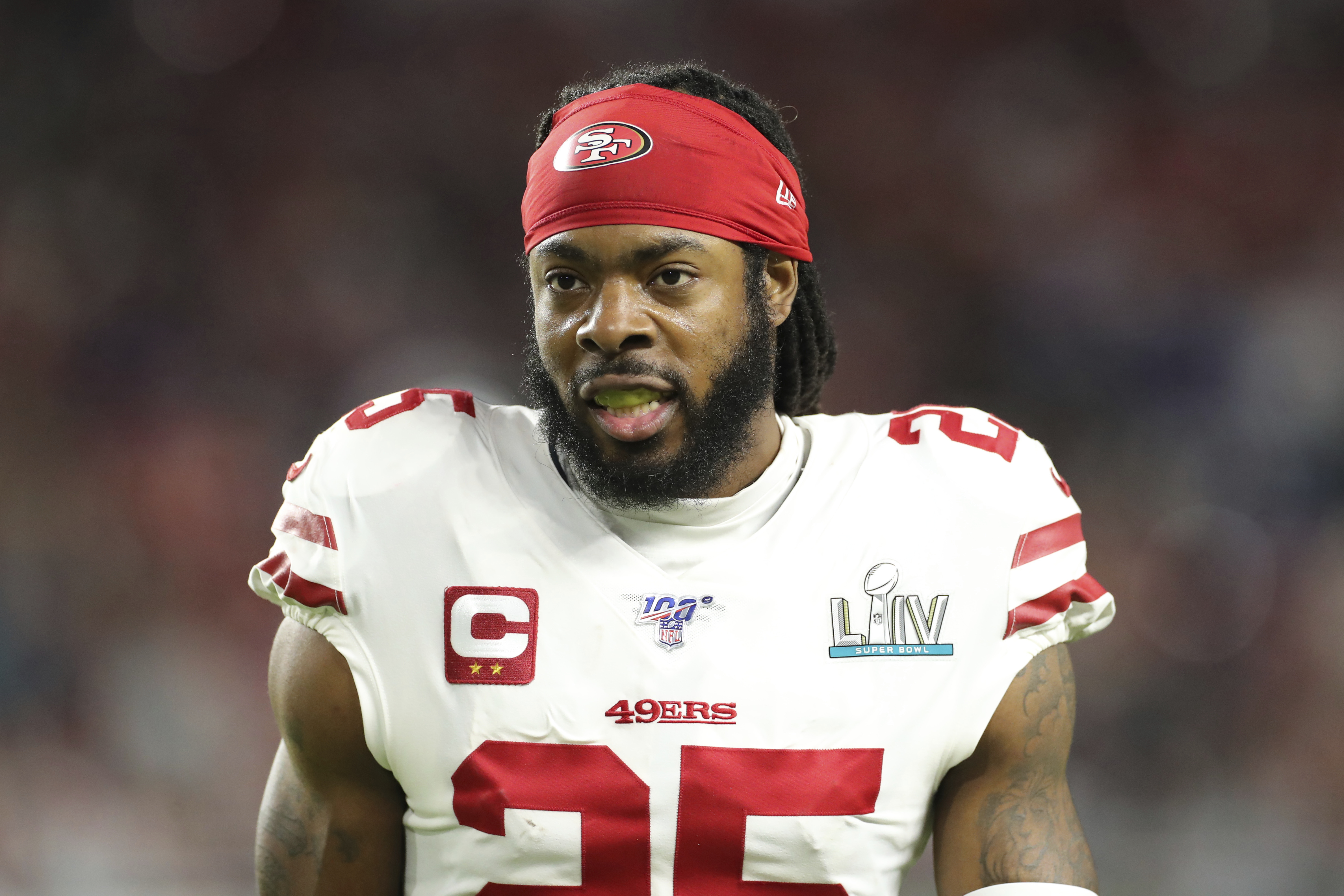 San Francisco 49ers cornerback Richard Sherman is seen during the NFL football Super Bowl 54 game against the Kansas City Chiefs in Miami Gardens, Fla., in this Feb. 2, 2020, photo. (AP Photo/Gregory Payan)