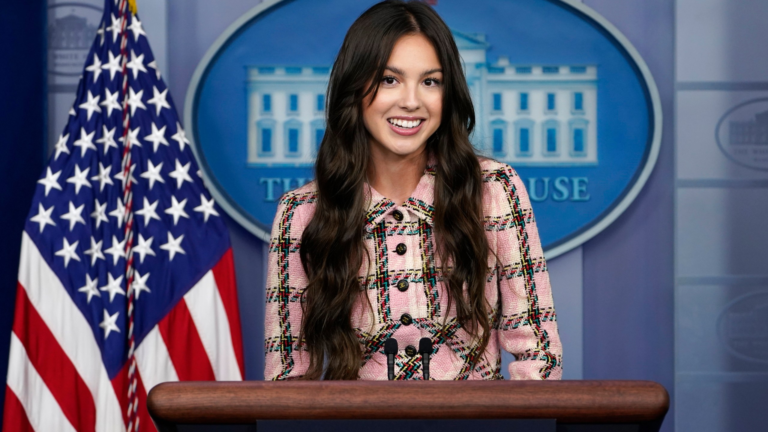 Teen pop star Olivia Rodrigo speaks at the beginning of the daily briefing at the White House in Washington on July 14, 2021. (Susan Walsh / Associated Press)