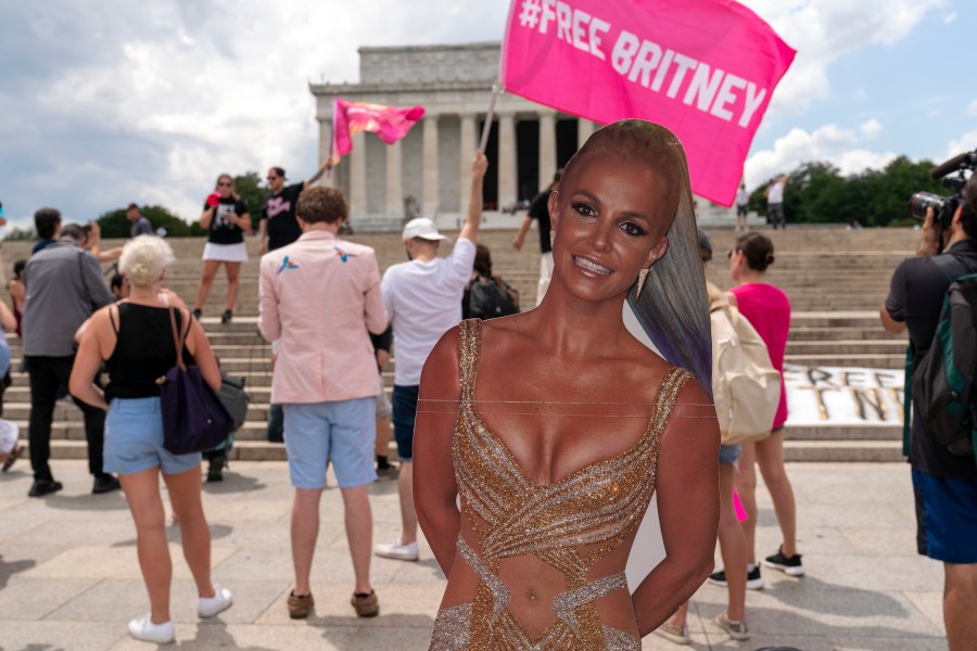 Fans and supporters of pop star Britney Spears protest at the Lincoln Memorial, during the "Free Britney" rally, Wednesday, July 14, 2021, in Washington. Rallies have been taking place across the country since the pop star spoke out against her conservatorship in court last month. (AP Photo/Jose Luis Magana)