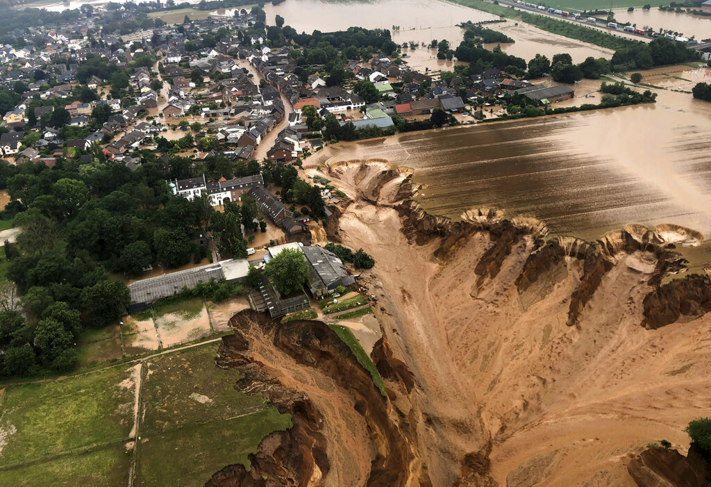 This image provided on Friday, July 16, 2021 by the Cologne district government shows the Blessem district of Erftstadt in Germany. (Rhein-Erft-Kreis via AP)