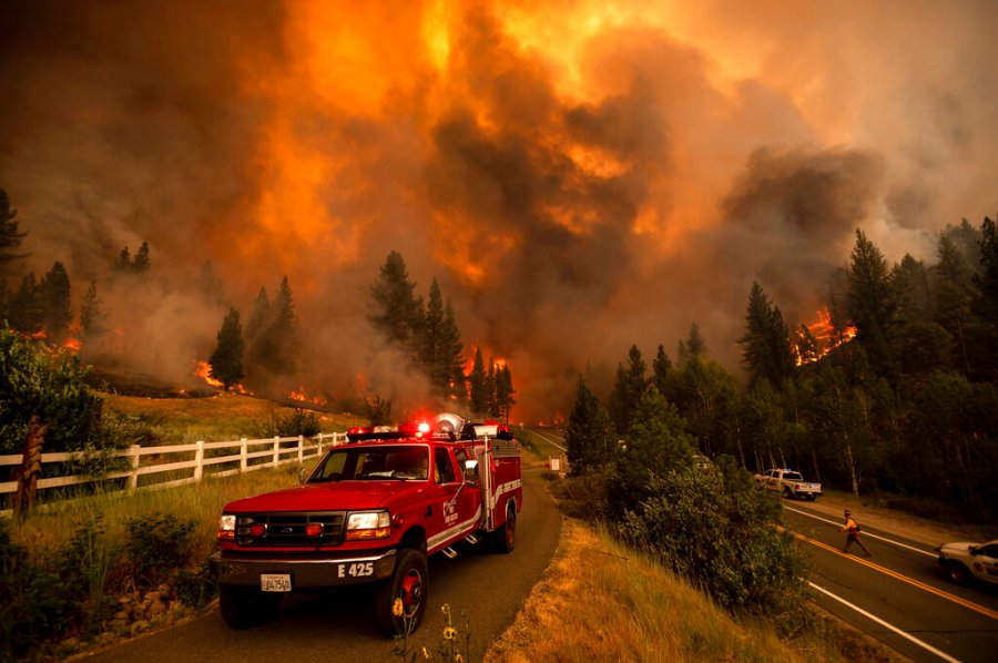 Firefighters battle the Tamarack Fire in the Markleeville community of Alpine County, Calif., on Saturday, July 17, 2021. (AP Photo/Noah Berger)